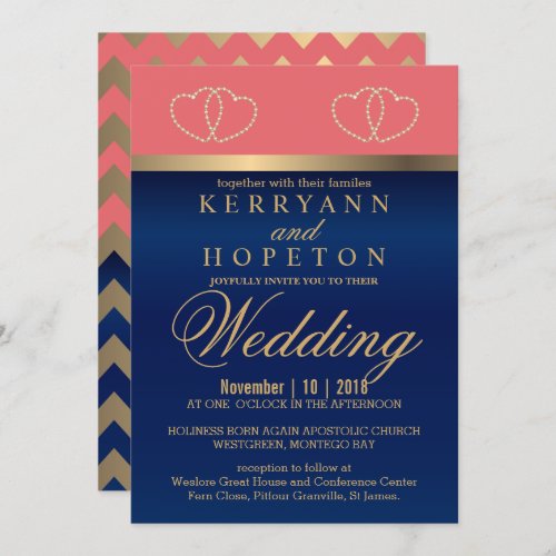 Coral and Navy Blue with Gold Hearts _ Custom Invitation
