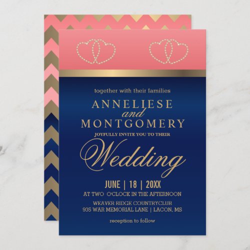 Coral and Navy Blue with Gold Hearts - Invitation