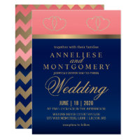 Coral and Navy Blue with Gold Hearts - Invitation