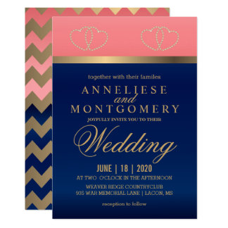 Coral and Navy Blue with Gold Hearts - Invitation