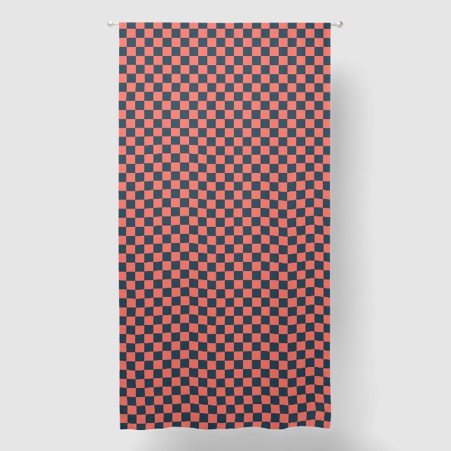 Coral and navy checkerboard pattern blackout curtains (Front)