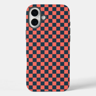 Coral and navy checkerboard pattern iPhone 16 plus case