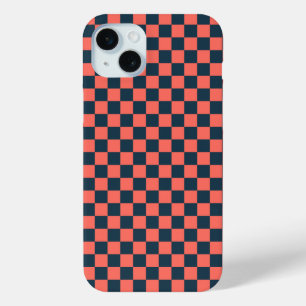 Coral and navy checkerboard pattern iPhone 15 plus case
