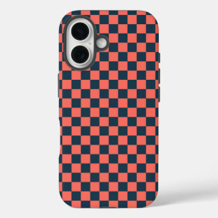 Coral and navy checkerboard pattern iPhone 16 case