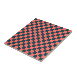 Coral and navy checkerboard pattern ceramic tile