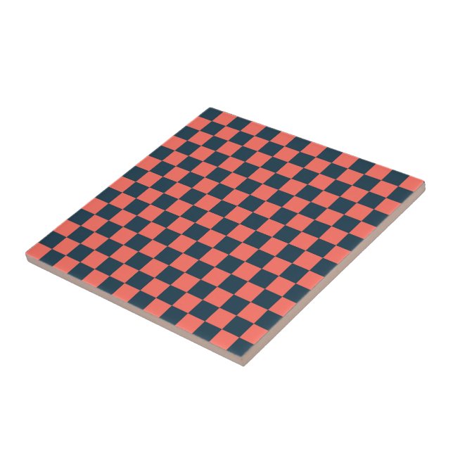 Coral and navy checkerboard pattern ceramic tile (Side)
