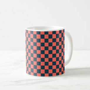 Coral and navy checkerboard pattern coffee mug