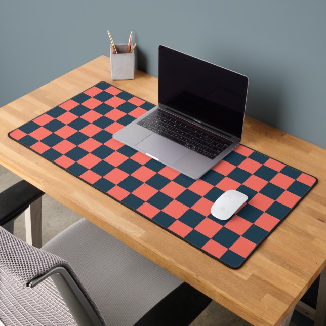 Coral and navy checkerboard pattern desk mat (Office 2)