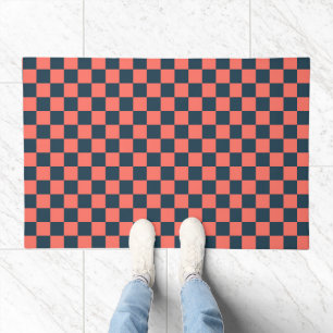 Coral and navy checkerboard pattern doormat