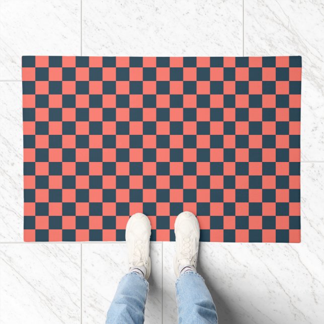Coral and navy checkerboard pattern doormat (Indoor)