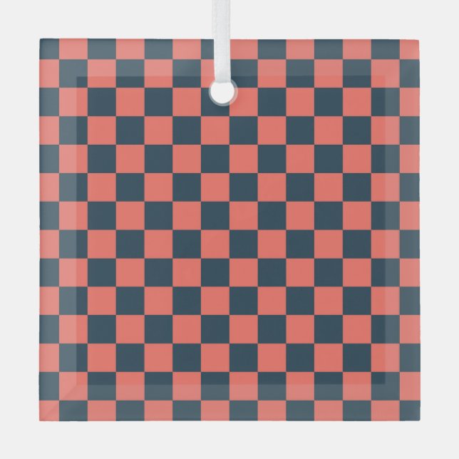 Coral and navy checkerboard pattern glass ornament (Front)