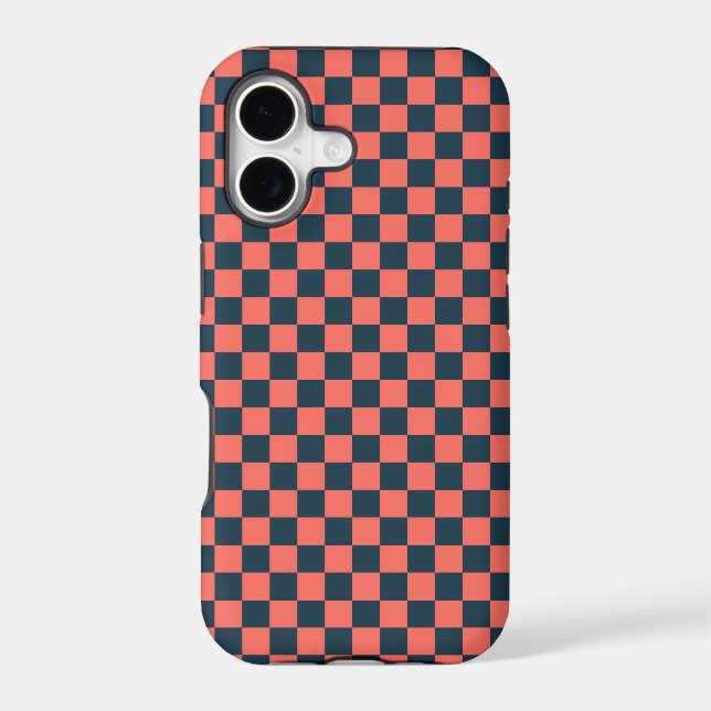 Coral and navy checkerboard pattern iPhone case (Back)
