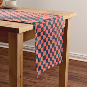 Coral and navy checkerboard pattern short table runner