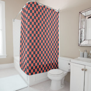 Coral and navy checkerboard pattern shower curtain