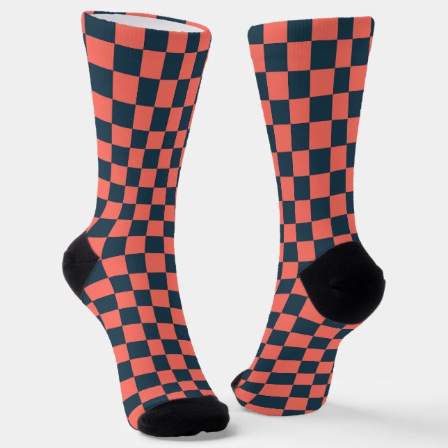 Coral and navy checkerboard pattern socks (Angled)