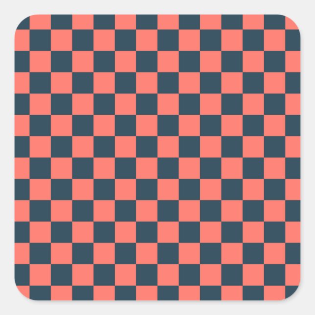 Coral and navy checkerboard pattern square sticker (Front)