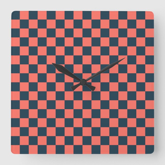 Coral and navy checkerboard pattern square wall clock (Front)