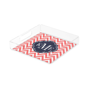 Coral and Navy Chevron Monogram Acrylic Tray
