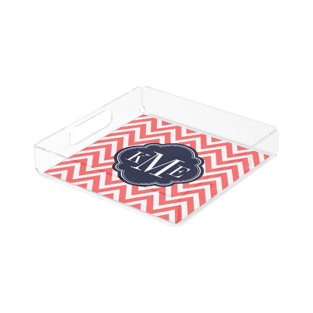 Coral and Navy Chevron Monogram Acrylic Tray (Angled)