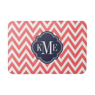 Coral and Navy Chevron Monogram Bathroom Mat