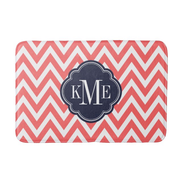 Coral and Navy Chevron Monogram Bathroom Mat (Front)