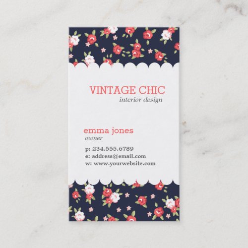 Coral and Navy Chic Vintage Floral Print Business Card