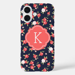 Coral and Navy Chic Vintage Floral Print Monogram iPhone 16 Case