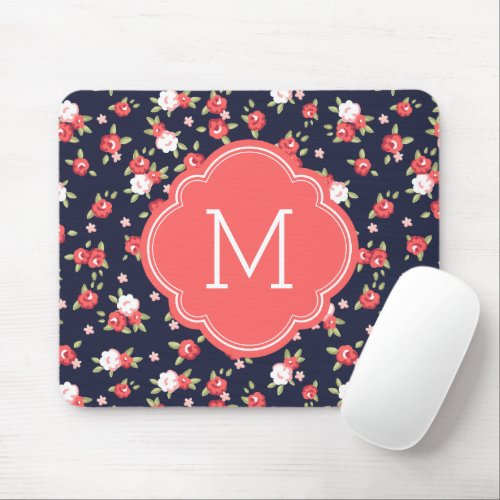 Coral and Navy Chic Vintage Floral Print Monogram Mouse Pad