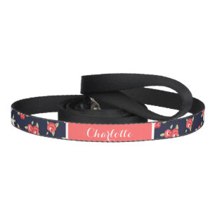 Coral and Navy Chic Vintage Floral Print Monogram Pet Leash