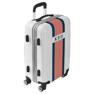 Coral and Navy Classic Stripe Monogram Luggage