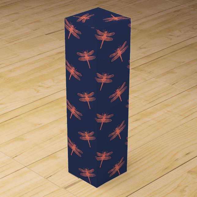 Coral and Navy Dragonfly Pattern Wine Box (Front)