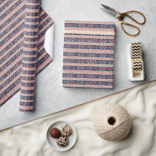 Coral and Navy Fair Isle Christmas Wrapping Paper