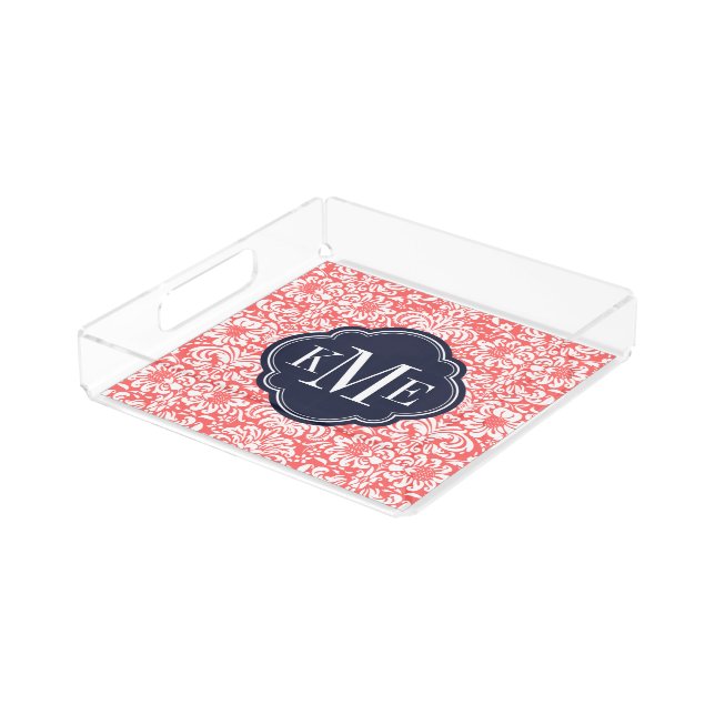 Coral and Navy Floral Damask Monogram Acrylic Tray (Angled)