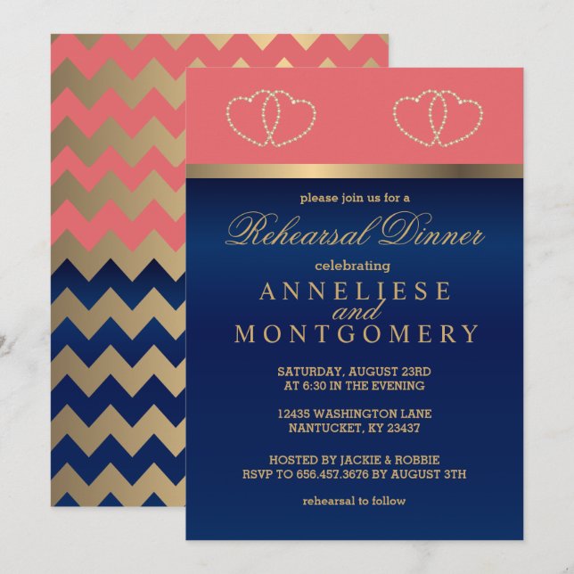 Coral and Navy, Gold Hearts - Rehearsal Dinner Invitation (Front/Back)