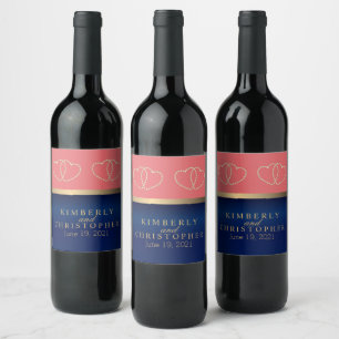 Coral and Navy, Gold Hearts Wine Label
