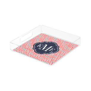Coral and Navy Greek Key Monogram Acrylic Tray