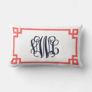 Coral and Navy Greek Key Script Monogram Lumbar Pillow