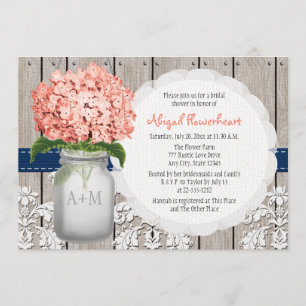 Coral and Navy Hydrangea Mason Jar Bridal Shower Invitation