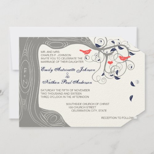 Coral and Navy Initials in Trunk Love Bird Invitation