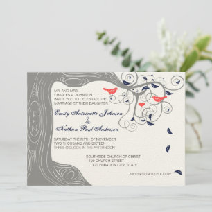 Coral and Navy Initials in Trunk Love Bird Invitation