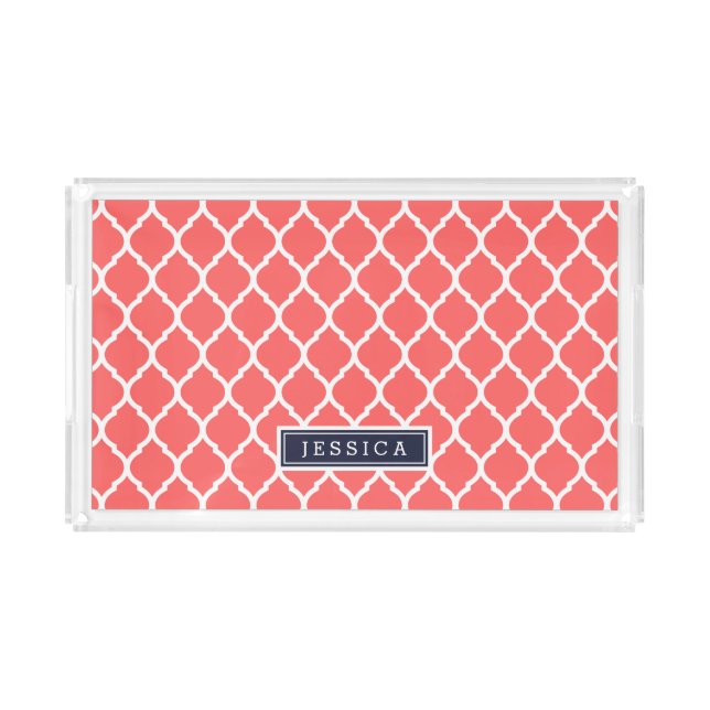 Coral and Navy Moroccan Quatrefoil Monogram Acrylic Tray (Front)