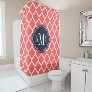 Coral and Navy Moroccan Quatrefoil Monogram Shower Curtain