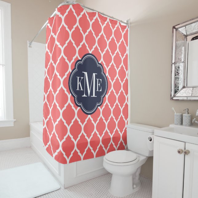 Coral and Navy Moroccan Quatrefoil Monogram Shower Curtain (In Situ)