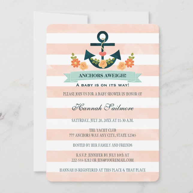 Coral and Navy Nautical Anchor Baby Shower Invitation (Front)