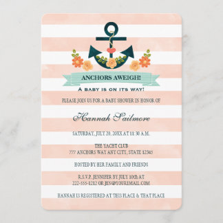 Coral and Navy Nautical Anchor Baby Shower Invitation
