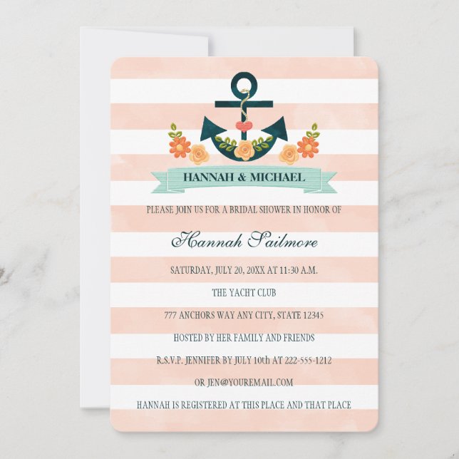 Coral and Navy Nautical Bridal Shower Invitation (Front)