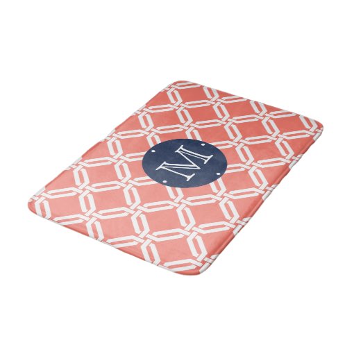 Coral and Navy Octagon Link Monogram Bath Mat Zazzle