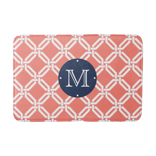 Coral and Navy Octagon Link Monogram Bath Mat Zazzle