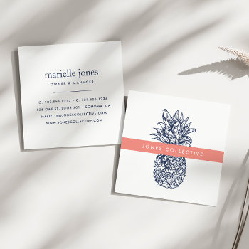 Coral And Navy Pineapple Square Business Card by RedwoodAndVine at Zazzle
