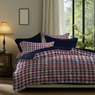 Coral and Navy Plaid Duvet Rustic Bedroom Accent Cover